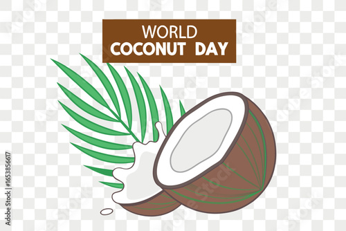 World Coconut Day celebration with halved coconut and palm leaves tropical
