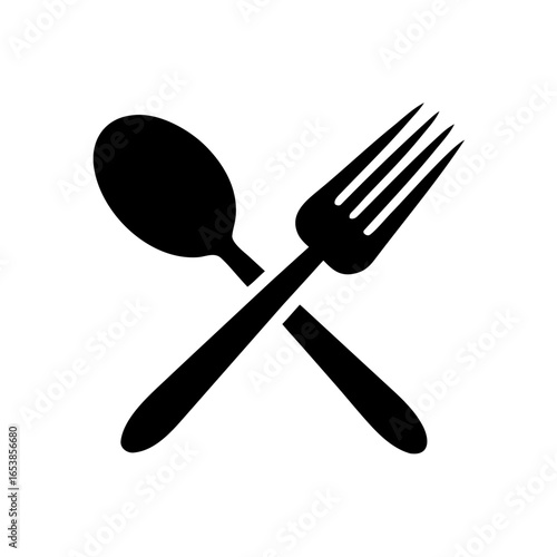 Minimal flat icon of a crossed spoon and fork, representing universal dining utensils in a clean, modern style.