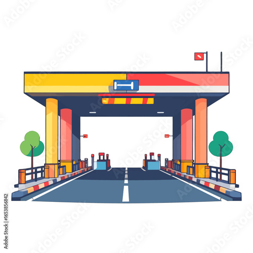 Colorful Pixel Art of a Highway Toll Booth with Yellow Roof and Blue Road and Minimalist Trees on Each Side