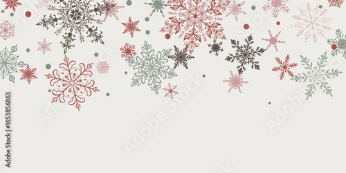 Christmas illustration featuring intricate falling snowflakes of varying sizes and designs arranged on top, colored on white background.