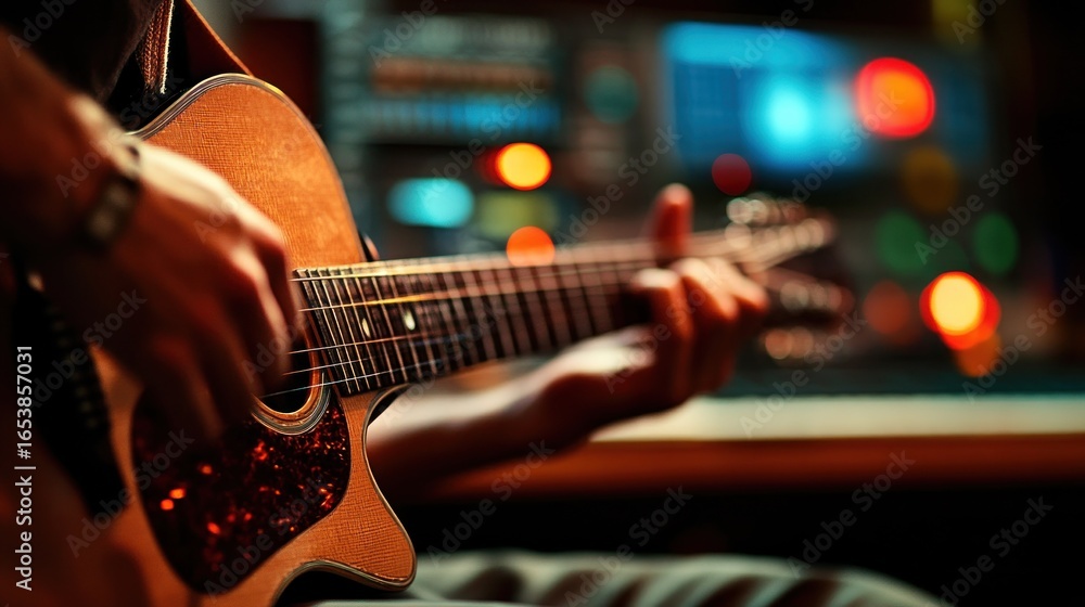 Obraz premium Musician playing acoustic guitar in recording studio