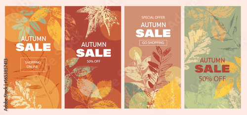 Autumn background, wallpaper, banner, card with tree leaves. Hello Autumn. Fall season design. Stamp texture leaves, geometric shapes.
