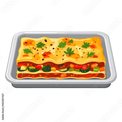 Layered Vegetable Lasagna with Golden Crust Garnished with Fresh Parsley in Rectangular Pan