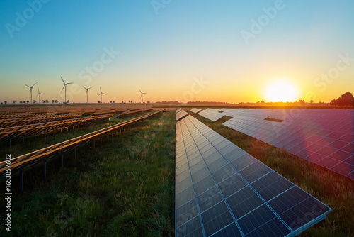 Wallpaper Mural Rows of solar panels and wind turbines in countryside field at sunset. Concept of renewable energy, sustainable technology and clean electricity production Torontodigital.ca