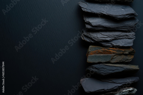 A vertical stack of dark gray slate stones on a dark gray background with copy space on the left side