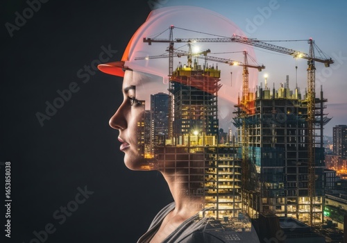 Construction worker with cityscape background, industrial site at dusk