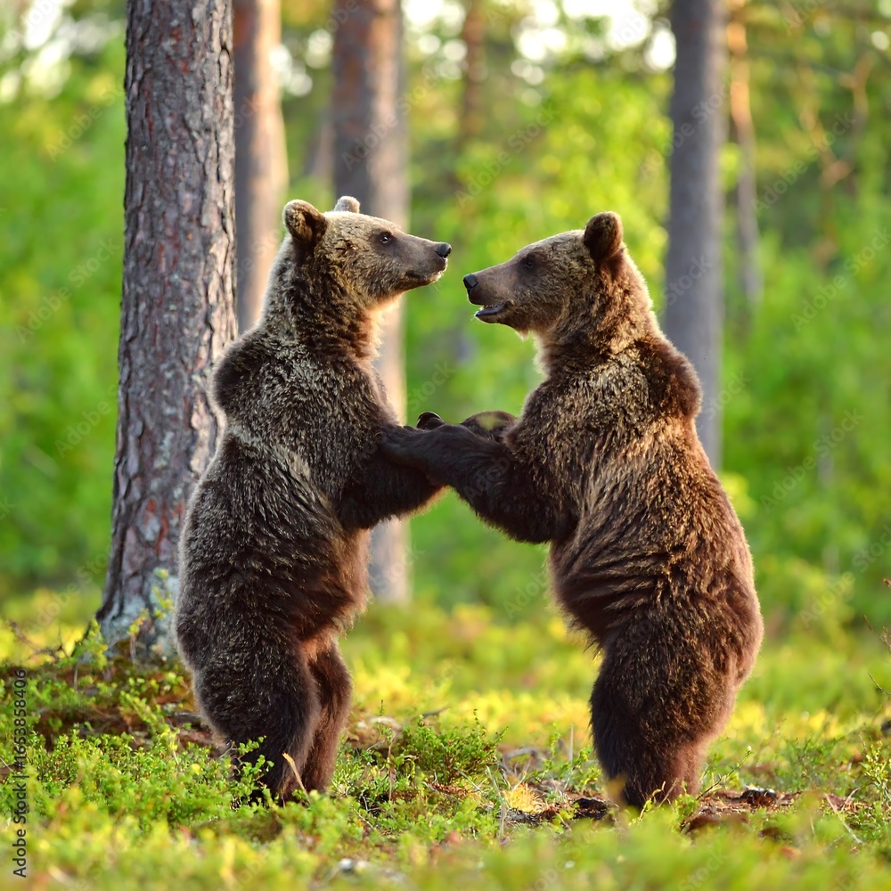Obraz premium Two brown bears stand bipedally, facing each other in a forest clearing