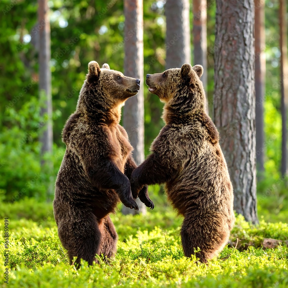 Fototapeta premium Two brown bears standing bipedally, facing each other in a forest clearing
