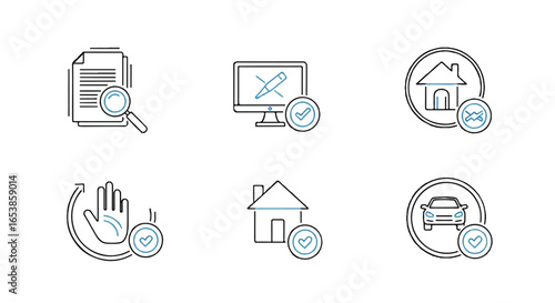 Six minimalist line icons depicting home, auto, and document insurance approvals against a white background, conveying a secure and reliable mood.