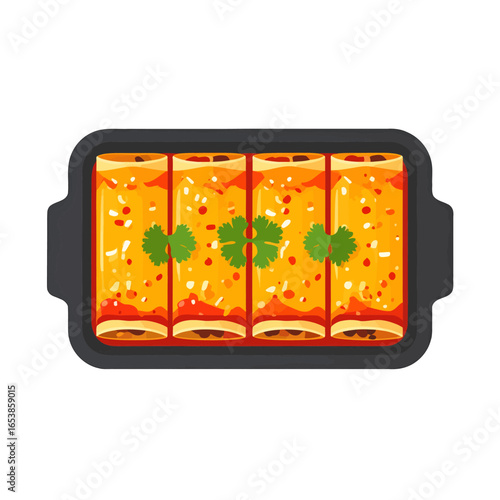 Overhead View of Four Enchiladas in a Dark Tray Topped with Fresh Cilantro Sprigs and Covered with Orange Sauce Flat Lay Illustration