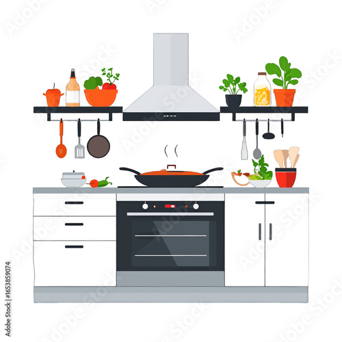 Flat Vector Kitchen Interior with Gray Stove Oven Shelves and Various Cooking Utensils and Food on a White Background