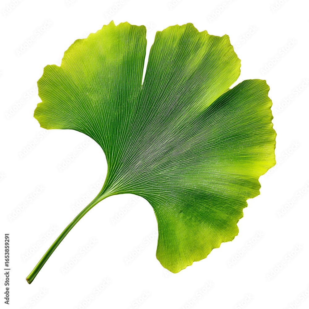 Fototapeta premium Fresh ginkgo biloba leaf, botanical close-up with vivid green and yellow tones, isolated with transparent background