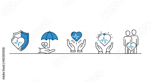 Flat lay illustration of five blue line icons depicting heart health protection, insurance, and family care against a white background, conveying a secure and reassuring