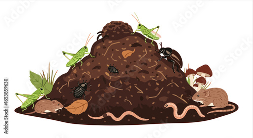 biodegradable ecosystem with decomposers showcasing earthworms beetles grasshoppers and mice on a compost pile illustrating natural recycling and sustainable environmental balance