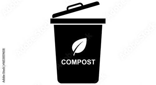 Black compost bin icon promoting eco-friendly waste management practices for sustainable living and environmental responsibility perfect for illustrating recycling initiatives and green lifestyle