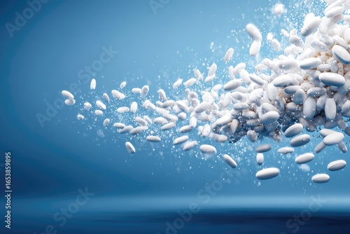 White pills in motion against a blue background