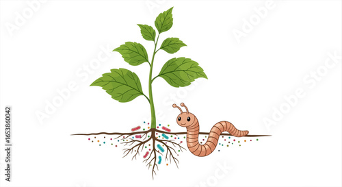 Cartoon earthworm with green plant illustration showing symbiosis in soil ecosystem and enriching soil quality for organic farming ideal for environmental awareness campaigns.