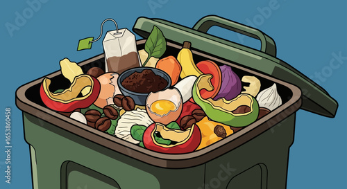 Compost bin overflowing with organic waste food scraps and coffee grounds promoting environmental awareness and sustainable living through responsible waste management and home gardening