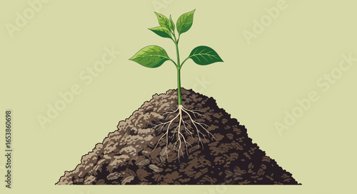 Compost growth emerging from fertile soil displaying plant roots and vibrant green leaves a symbol of sustainable agriculture and environmental awareness ideal for illustrating ecological balance