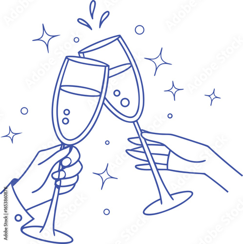 Hand drawn sketch of clinking champagne glasses with sparkling bubbles and stars. Elegant doodle illustration for party, toast, wedding, or celebration design. Fun festive outline style.