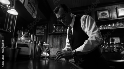 Noir barman mixes drinks in dimly lit saloon