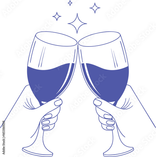 Hand drawn sketch of clinking champagne glasses with sparkling bubbles and stars. Elegant doodle illustration for party, toast, wedding, or celebration design. Fun festive outline style.