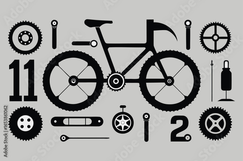 Black bicycle silhouette and components create a striking monochrome bike workshop layout on light gray