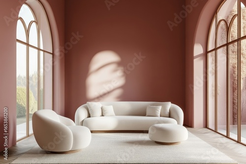 Stylish curved sofa and armchair placed against a pink wall with arched windows, contributing to a minimalist Japandi-style interior design for a modern living room. 3D rendering, Generative AI