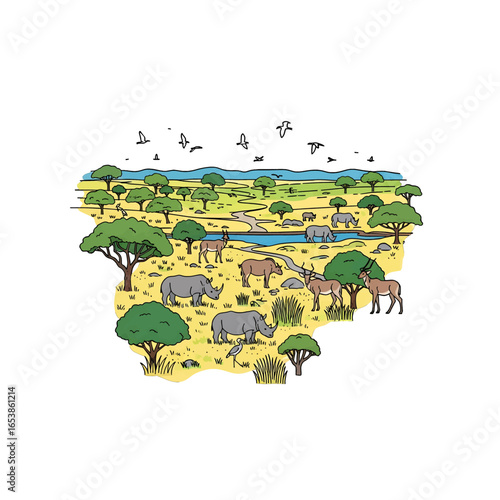 Colorful Savanna Landscape with Rhinos Deers and Trees in a Sunny Day Vector Illustration