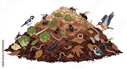 compost pile attracting biodiversity with birds and beetles foraging on decaying organic matter a flourishing ecosystem showcasing natures recyclers and the benefits of biodegradable waste