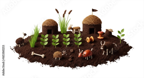 compost growth scene showing a small village made from coffee grounds with huts crops and animals perfect to illustrate sustainable agriculture coffee farming or environmental awareness concepts.