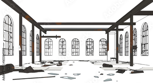 Dilapidated Industrial Interior featuring Ruined Arched Windows Columns and Steel Beams with Debris Scattered on the Floor in White Brown and Rust Hues