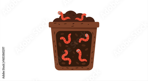 Compost worm in a brown flower pot full of soil with happy smiling worms perfect for illustrating composting organic gardening and sustainable living concepts and educational materials