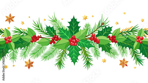 Horizontal Christmas Garland Border with Evergreen Sprigs, Red Berries, and Gold Stars on White Background