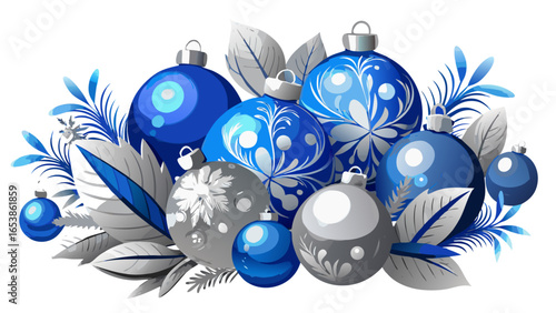 Horizontal Christmas Ornament Arrangement with Blue and Silver Balls and Frosted Silver Foliage