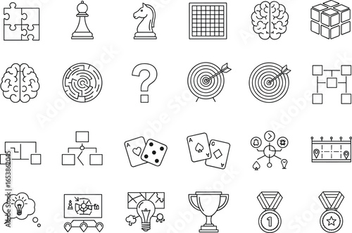 Strategy and logic game icons set including chess, puzzles, maze, brain, targets, cards, flowcharts, ideas, goals, trophies, and achievement medals