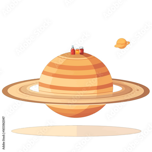Illustration of Ringed Orange and Beige Planet with Smaller Distant Planet and Beverage Containers on Top on White Background