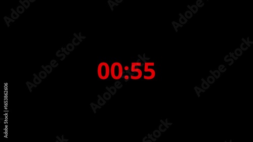 Red color 1 minute timer countdown animation, countdown timer one minute animation from 60s to 0s countdown . One minute countdown timer animation on black background.