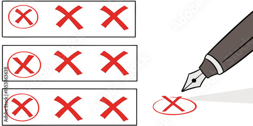 Vector art of ballot paper with boxes marked with crosses and a pen isolated on white background