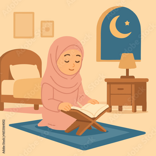 Flat illustration of a Muslim woman reading Quran at night during Ramadan.