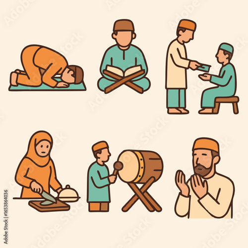 Flat illustration of Muslims performing various Ramadan activities such as praying, giving zakat, and playing drum.