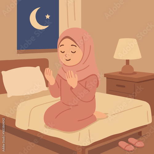 Flat illustration of a Muslim woman praying at night during Ramadan in her bedroom.