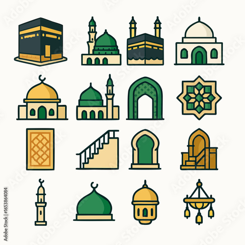Flat icon set of Muslim worship activities such as prayer, tilawah, and studying Quran.