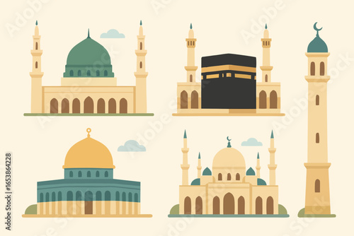 Flat illustration of famous mosque landmarks around the world in minimal style.
