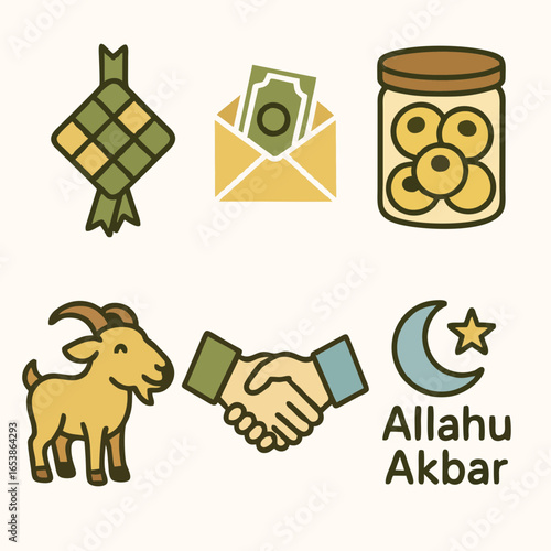 Ikon flat bertema Idul Fitri dan Idul Adha menampilkan ketupat, kue, amplop, kambing, dan salam. Cocok untuk desain ucapan lebaran.
