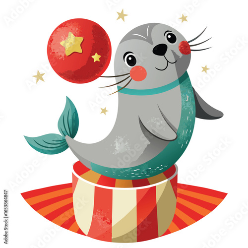Cute Circus Seal Balancing a Ball with Stars