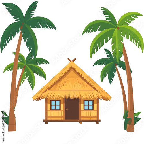 Tropical Hut between Palm Trees on Island with Thatched Roof and Simple Style Pixel Art on White Background