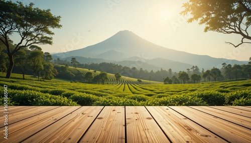 Wooden table top with tea gardens and mountain background