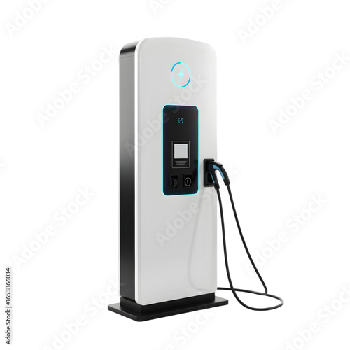 Modern Electric Vehicle Charging Station: A contemporary electric vehicle charging station with a sleek design stands ready to power up electric cars.