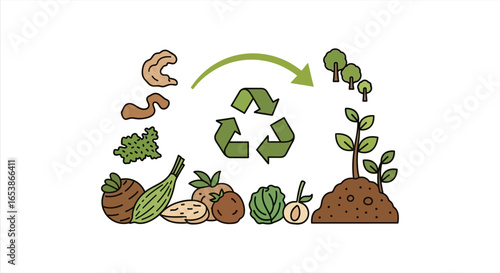Biodegradable ecosystem cycle Composting food waste vegetables and kitchen scraps for soil enrichment and growing new plants and trees promoting sustainability and environmental responsibility.